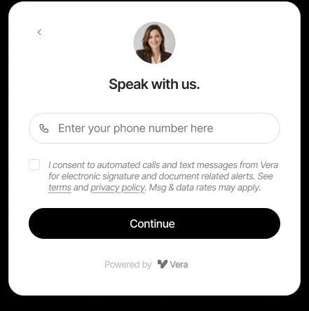 Example Vera intake screen showing a phone number field and an unchecked consent box for electronic signature and document alerts.